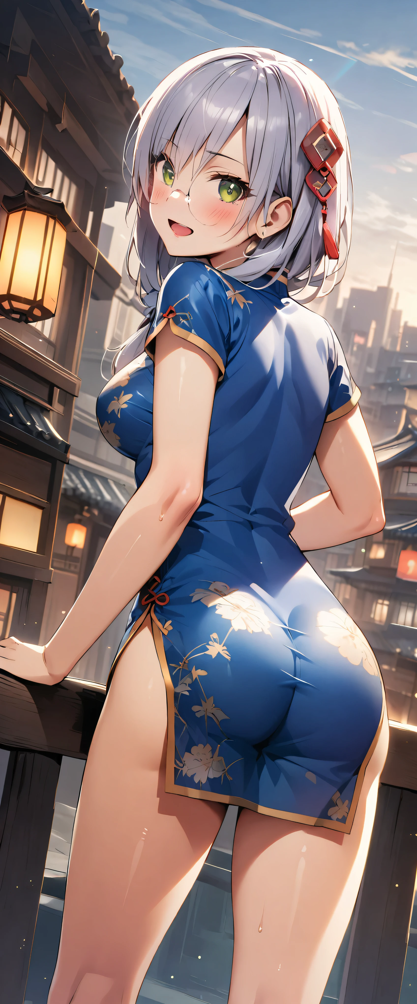 woman,20-year-old,city,(((Silk cheongsam))),,open mouth smile(()),blush、,((turn around and look back))()Reflecting the buttocks