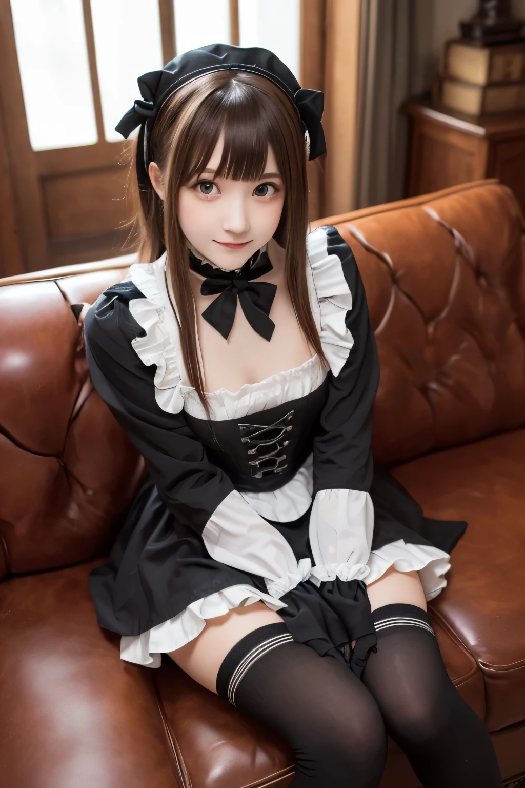 masterpiece, highest quality, one girl, (beautiful girl, cute:1.3), (15 years old:1.3), very fine resolution, (symmetrical eyes:1.3), (sit on the sofa), (Gothic Lolita, high socks, zettai ryouiki:1.3), small breasts, brown eyes, parted bangs, brown hair, light smile, (Eye and face details:1.0)