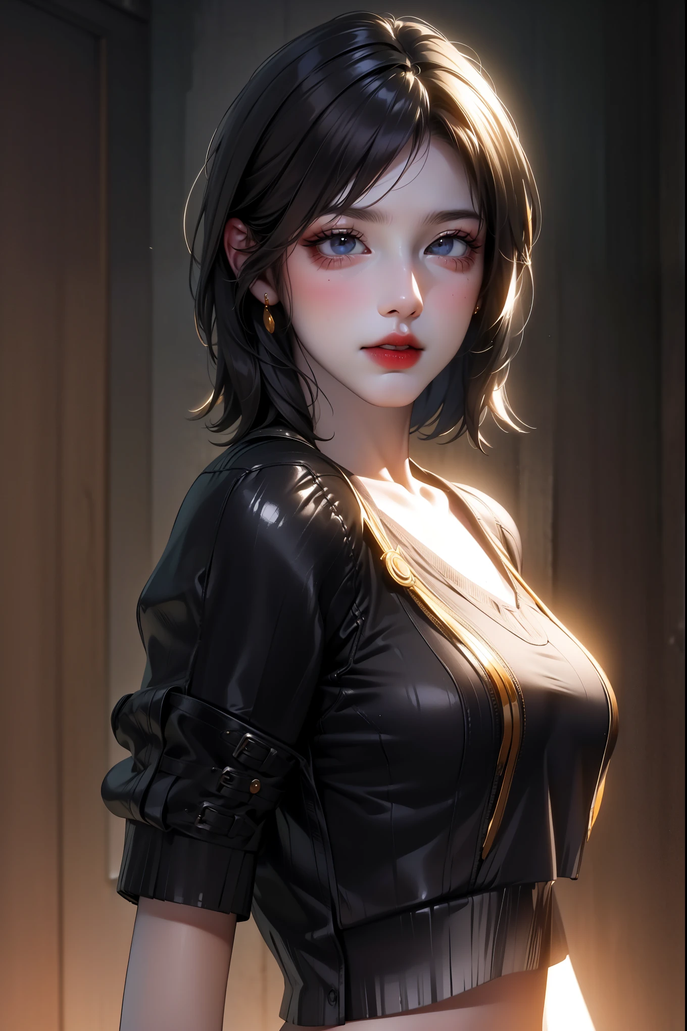 A woman in a black top and leather jacket posing for a picture - SeaArt AI