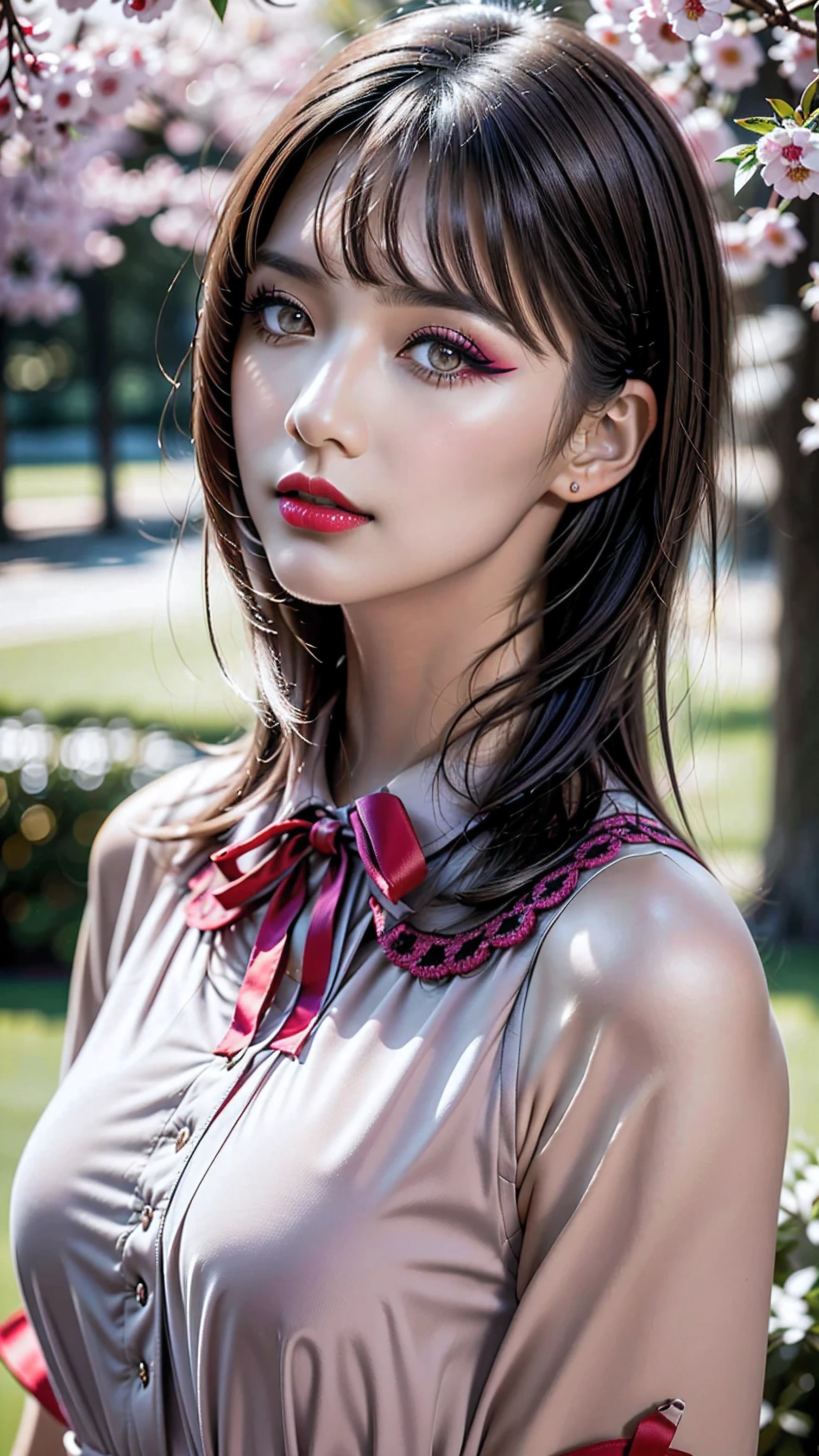 Divide Ratio : 1,1,1 Base Ratio: (portrait),beauty (mixed girls) in (highly detailed 32k absurd art of a ((girl 18-year-old)) ),fashion supermodel,(best high quality real texture skin:1.3),((ebony skin female:1.1)),(best quality texture hair:1.4),BREAK,((short bright dark hair((bangs swept to the side)) extremely detailed:1.3)),((outside,an orchard of blooming cherry trees:1.3)),(best high quality:1.4),(photo realistic:1.5),(Hyper realistic:1.5),((sharp focus)),(highest resolution),((soft neon lighting on the face and body)),(perfect proportions),(anatomically correct),(perfect female body),(firm normal full breasts:1.3),slim face,beautiful cheekbones,((slim,swell-muscled body:1.24)),(Super beautiful face),(realistic face),(highly detailed face:1.4),absurd(ultra detailed eyes), finely detailed face,finely quality eyes,(tired and sleepy and satisfied:0.0),(close up of a woman's eye with a digital rendering),realistic eyes,perfect round eyes,finely detailed pupils,(blown_eyes:1.28),BREAK,detailed lips:1.3,(red_lipstick:1.1),pink_makeup:1.22, long_blue_eyeliner:1.18, perfect dark_eyeshadows:1.35, there a close up of a woman's, (super detailed makeup on eyes:1.3), iridescent eyes, with professional makeup, vibrant eyes:1.2, (Detailed nose:1.2),BREAK,(extremely detailed:1.23 (collared blouse shirt:1.3)),BREAK,small head:1.4, ((ornament red ribbon on head:1.33)),exquisite balance of shadows,perfect composition,(((upper body shot:1.2))),((look at the viewer)), Hasselblad, 50mm f/2.2