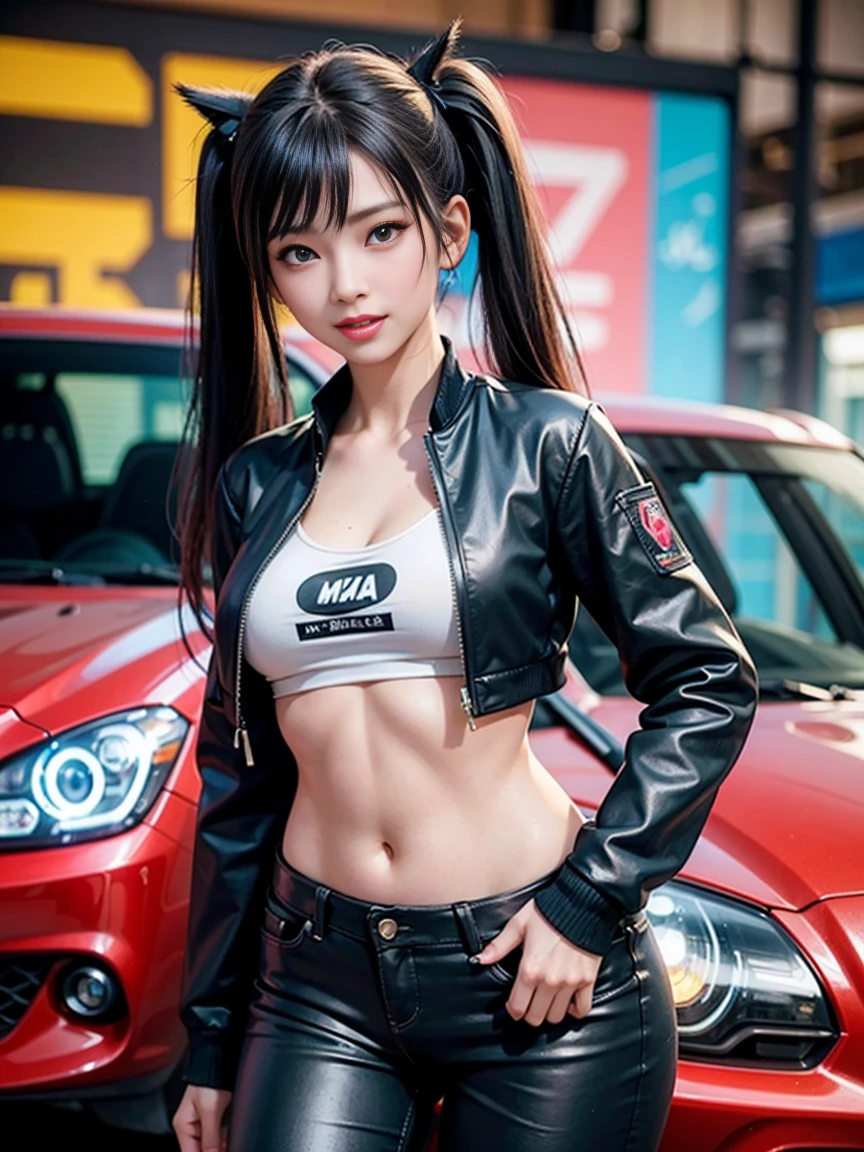 sfw, Cute 16 year old nekomata catgirl, , Delicate Beautiful Attractive Face With Alluring Yellow Eyes, open mouth, Broadly Smiling, Lovely Medium Breasts, Layered Long Twintail hair, Blush Eyeshadow, Thick Eyelashes, Oversized cyberpunk Tech jacket, Mini Underboob Tee, Open Navel, Slim Waist, leather Pants, In The Graffiti Alley, Holding Spray Paint Can, Standing, Original Character, Volumetric Lighting, Best Shadows, Shallow Depth of Field, (Highest Quality, Amazing Details:1.25), (Solo:1.3), Brilliant Colorful Paintings, wearing bra,((skinny waist)), young asian girl, ((big breasted)), Realistic HD details Very real 3D photos, standing next to a pink Mazda RX8 car with blue LEDs under Realistic car, with the name NAZAMI written on the number plate