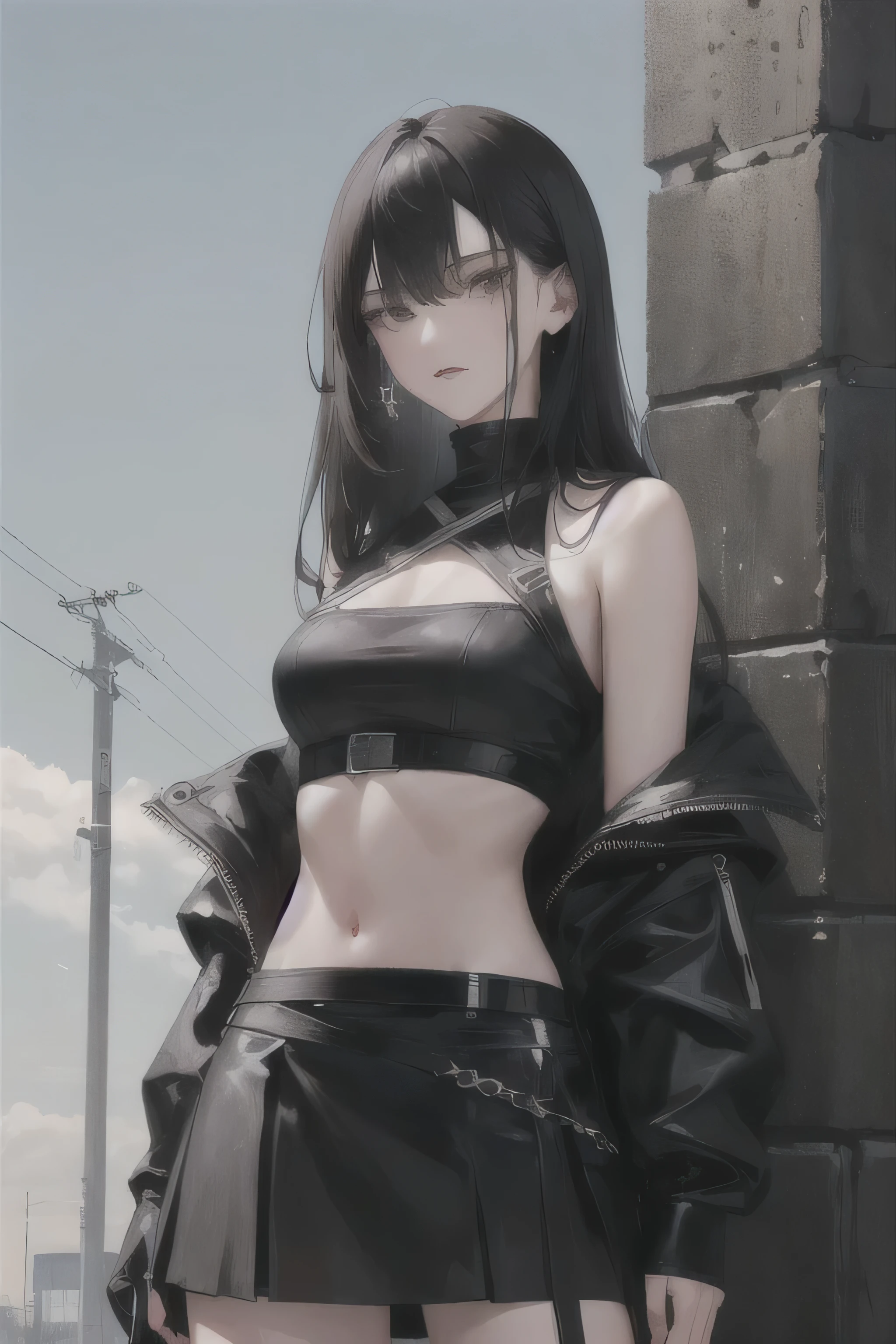 (highest resolution, distinct_image) best quality, woman, masterpiece, high detail, semi-realistic, long black hair, black hair, bangs, 21 years old, shoulder-length hair, mature, young, black crop tops, black skirt, criminal member, sniper, beauty heroic posture simple background and exquisite facial features