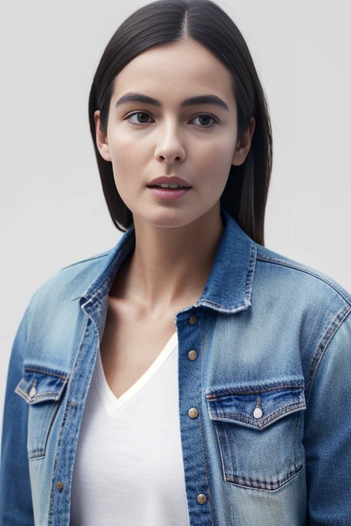 1girl, solo, portrait, denim jacket, looking at viewer, simple white background, masterpiece, best quality, ultra-detailed, ultra high res, (photorealistic:1.4), raw photo, (realistic:0.2), 8k HDR, f1.4, 40mm, photorealistic, raw, 8k, textured skin, skin pores, intricate details alanna88