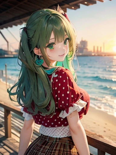 (Glasses)、The arrival of autumn、big butt、 Super detailed,bright colors, very beautiful detailed anime face and eyes,highest quality, hyper detail, masterpiece, look straight, ;shiny_skin,girl, ((gradation hair , Half white hair、Half green hair: 1.2)) 、forehead is exposed、shiny hair, delicate beautiful face, red面、(turquoise eyes), White skin, Valletta, mature earrings,、sandy beach、sunset、((ribbon、(check、red、Fashionable blouses、polka dots、brown skirt)))、twin tails、smile、happy face、顔をredく染めた顔、
