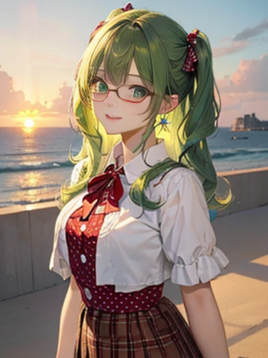 (Glasses)、The arrival of autumn、big butt、 Super detailed,bright colors, very beautiful detailed anime face and eyes,highest quality, hyper detail, masterpiece, look straight, ;shiny_skin,girl, ((gradation hair , Half white hair、Half green hair: 1.2)) 、forehead is exposed、shiny hair, delicate beautiful face, red面、(turquoise eyes), White skin, Valletta, mature earrings,、sandy beach、sunset、((ribbon、(check、red、Fashionable blouses、polka dots、brown skirt)))、twin tails、smile、happy face、顔をredく染めた顔、