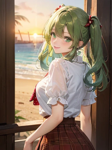 (Glasses)、The arrival of autumn、big butt、 Super detailed,bright colors, very beautiful detailed anime face and eyes,highest quality, hyper detail, masterpiece, look straight, ;shiny_skin,girl, ((gradation hair , Half white hair、Half green hair: 1.2)) 、forehead is exposed、shiny hair, delicate beautiful face, red面、(turquoise eyes), White skin, Valletta, mature earrings,、sandy beach、sunset、((ribbon、(check、red、Fashionable blouses、polka dots、brown skirt)))、twin tails、smile、happy face、顔をredく染めた顔、