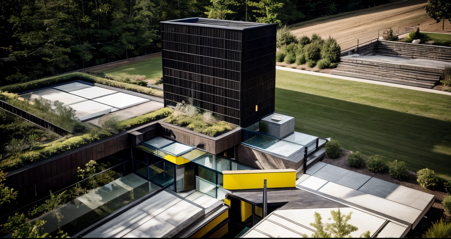 house exterior industry style, dark yellow and green color scheme, like an oldtime industry factory,raw materials, exposed structural elements, and simple, clean lines,rough-hewn steel, polished concrete, glass, and exposured brick,