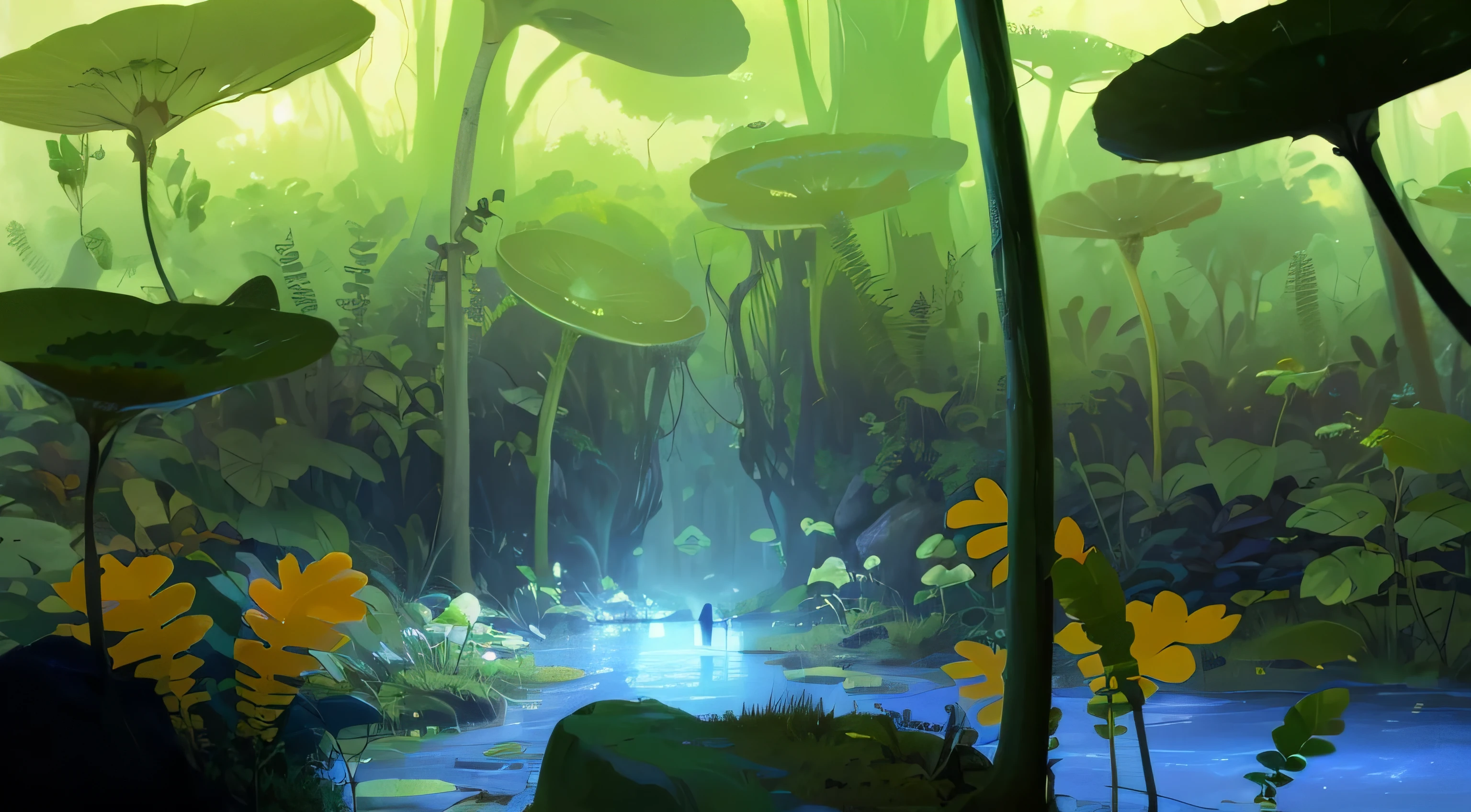 there is a painting of a forest with a pond and lots of plants, swampy atmosphere, lush alien landscape, luminescent concept art, inside an alien jungle, environmental concept art, rich diverse lush alien world, slime mold forest environment, strange alien forest, alien forest in background, an alien jungle, stylized concept art, environment concept art, neon radioactive swamp