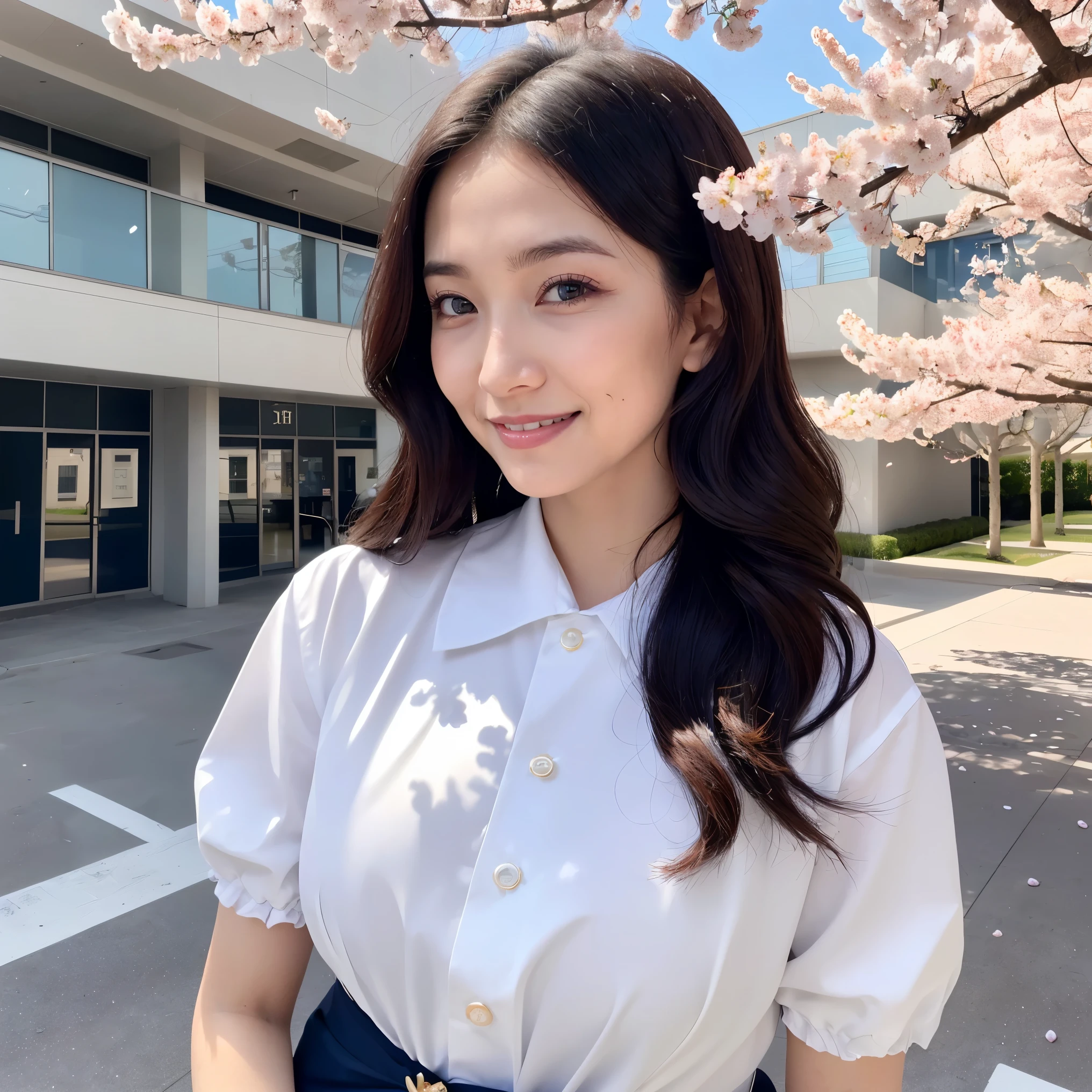 (masterpiece、highest quality、best image quality、8K、Award-winning work)、(1 40 year old mature woman:1.2)、(facial wrinkles:1.2)、(Commemorative photo taken with the school in the background:1.1)、(Beautiful skin that shines very brightly:1.3)、(very bright and vivid:1.2)、look at me with the best smile、(A perfect navy suit for a classy formal occasion:1.2)、(perfect and precise pearl necklace:1.2)、(Super bright and radiant skin:1.1)、(Very bright and shiny ceremonial suit:1.1)、(A very bright and shiny new school building:1.1)、(Elegantly styled very long wavy hair:1.2)、black brown hair、(big breasts:1.1)、emphasize body line、(Standing most elegantly:1.1)、(The background is a rectangular school building with four floors:1.2)、(Modern four-storey rectangular building:1.2)、(Reinforced concrete square school:1.2)、(beautiful square window glass:1.1)、(A new and beautiful high school:1.1)、sunny and beautiful sky、clear beautiful sky、beautiful thunderclouds、(refreshing sunshine:1.1)、(Blurred cherry blossom tree in full bloom in the background:1.1)、perfect makeup、bright lipstick、upper body photo、blurred background、(perfect anatomy:1.1)、Ultra high definition beauty face、ultra high definition hair、Super high-definition sparkling eyes、Super high resolution glossy lips