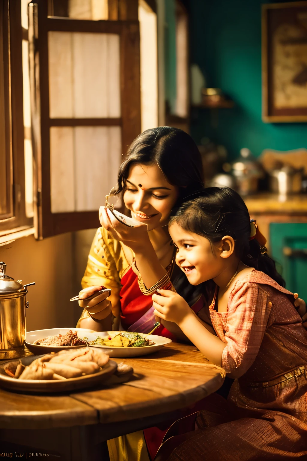 (an artistic:1.1) portrait,Indian,desi,mother,feeding,food,children,(beautiful:1.1) kitchen,(detailed:1.1) faces,(warm:1.1) lighting,(vibrant:1.1) colors,(medium:1.1) oil painting,(traditional:1.1) attire,(expressive:1.1) eyes,(kind:1.1) smile,(loving:1.1) gesture,(emotionally connected:1.1) family,(rich:1.1) textures,(homely:1.1) atmosphere,(authentic:1.1) Indian cuisine,(aroma-filled:1.1) surroundings,(wholesome:1.1) meal,(bonding:1.1) moment,(happy:1.1) children,(candid:1.1) interaction,(tender:1.1) motherhood,(captivating:1.1) expression,(melodious:1.1) background music,(nostalgic:1.1) memories,(best quality,4k,8k,highres,masterpiece:1.2),ultra-detailed,(realistic,photorealistic,photo-realistic:1.37)