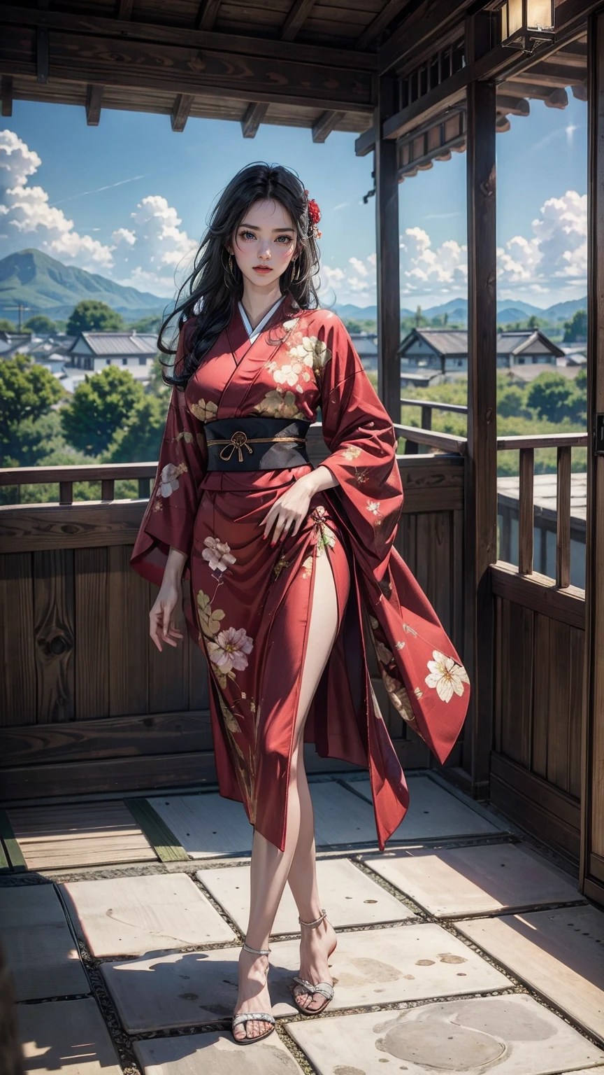 ((最high quality, 8K, masterpiece: 1.3, Ultra HD, high quality, 最high quality, High resolution, realism)) 、A stunningly beautiful 22-year-old Japanese woman、hair color is black、black eye、medium hair、straight hair、smile、Slender but well-proportioned muscular body、Athlete-like body type、I don&#39;t want my head to disappear from the screen.、Wearing red nail polish、I have a peticure、Sitting on the veranda of a Japanese house in the Japanese countryside、It&#39;s summer、A wind chime is hung in front of the eaves.、barefoot、Eating watermelon、A courtyard spreads out in front of the verandah.、wear a yukata