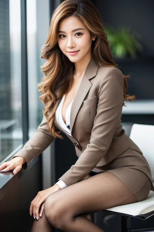 full body, highest quality, realistic, Super detailed, finely, High resolution, 8k wallpaper, 1 beautiful woman,, light brown messy hair, wearing a business suit, sharp focus, perfect dynamic composition, beautiful and detailed eyes, thin hair, Detailed realistic skin texture, smile, close-up portrait, model body shape,cleavage、筋肉質で長くbeautiful legs、beautiful feet、super mini tight skirt、sit on a chair、Thin black pantyhose、You can see the toes of the high heels、perfect style、perfect legs、long muscular legs、beautiful legs、Healthy long legs、Pose that emphasizes the legs、Beautiful toned ankles、