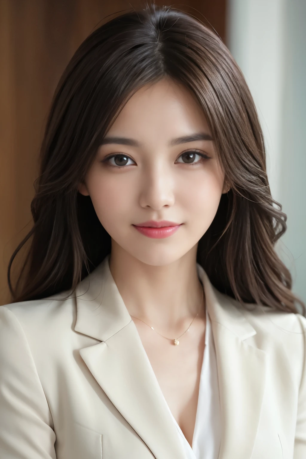 table top、highest quality、genuine、Super detailed、finely、High resolution、8k wallpaper、one beautiful woman、、、light brown disheveled hair、wearing a business suit、sharp focus、perfect dynamic composition、beautiful and detailed eyes、thin hair、詳細なgenuineな肌の質感、smile、close-up portrait、Waiting for model body to start 
