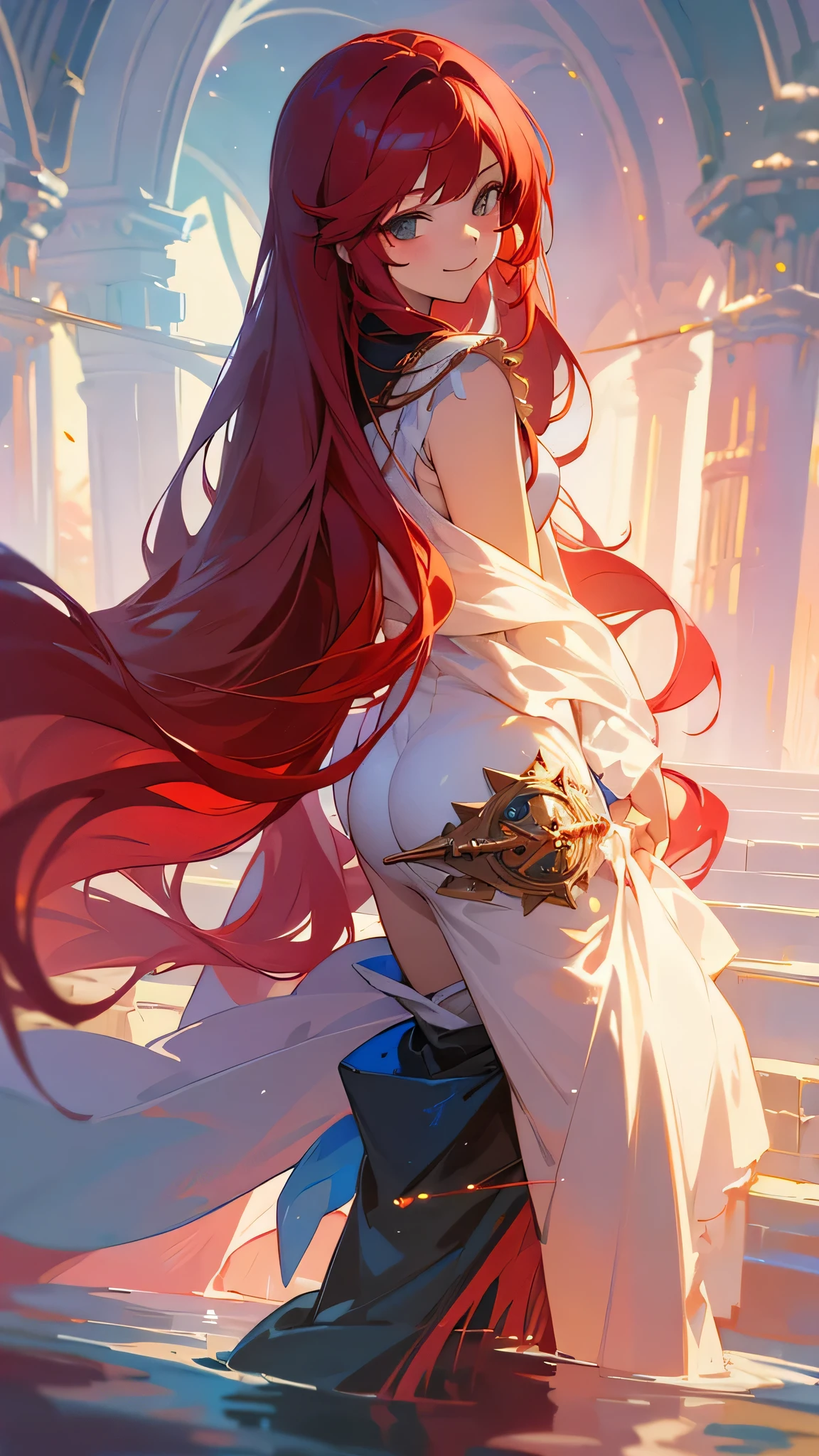 Realistic, 1girl, red hair, blue eyes, glowing eyes, cut top, skirt, parted lips, blush, night, flowers, sun, sun, big breasts, Azur route Saint Luces