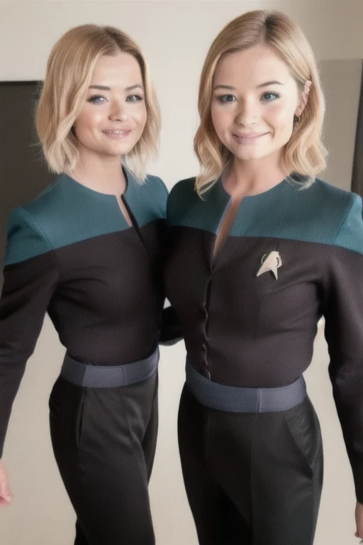 Jenna Coleman, Emma Rigby, Emilie de Ravin, smile, slender, teal and black uniform, black pant: (Realistic detailed face)