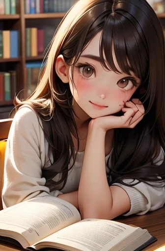 girl,brown eyes、brown long hair、cute、reading、library、beautiful woman