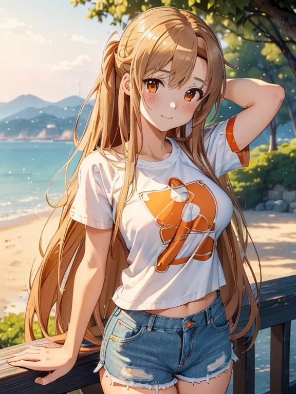 ((masterpiece)), ((highest quality)), (Super detailed), ((cute)), cute, (Lovely), ((sexy)), (device), ((very detailed)), 4k, (8K), highest quality, (beautiful), anime style, Upper body, thick outline, clear outline, whole body concentration, beach, (((Asuna, star))), ((T-shirt, Denim Ultra Shorts)), ((beautiful orange eyes)), big breasts, shiny, shine
