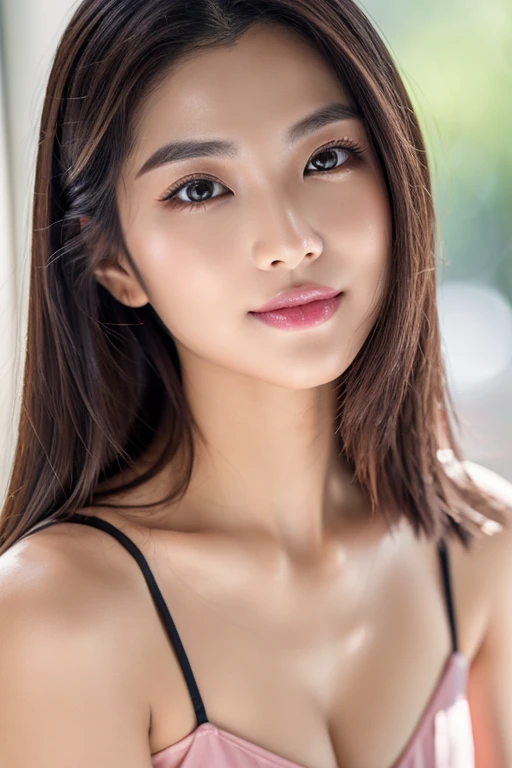 A stunning 21-year-old Asian woman is depicted in a full-body shot, showcasing intricate facial features and detailed chest contours. She stands with legs spread, exuding arousal and sensuality. Her skin is smooth and pink, with a shiny metallic sheen, appearing slightly sweaty and wet. Short auburn hair frames her face, enhancing her black eyes and light makeup, including pink lipstick and prominent cheekbones. With a captivating smile, she gazes directly at the camera, radiating absolute beauty. This 8K photo captures every detail with perfect focus, presenting a realistic, highly detailed portrayal. The seductive and sexy standing pose adds to her allure, making this a beautiful and captivating image.