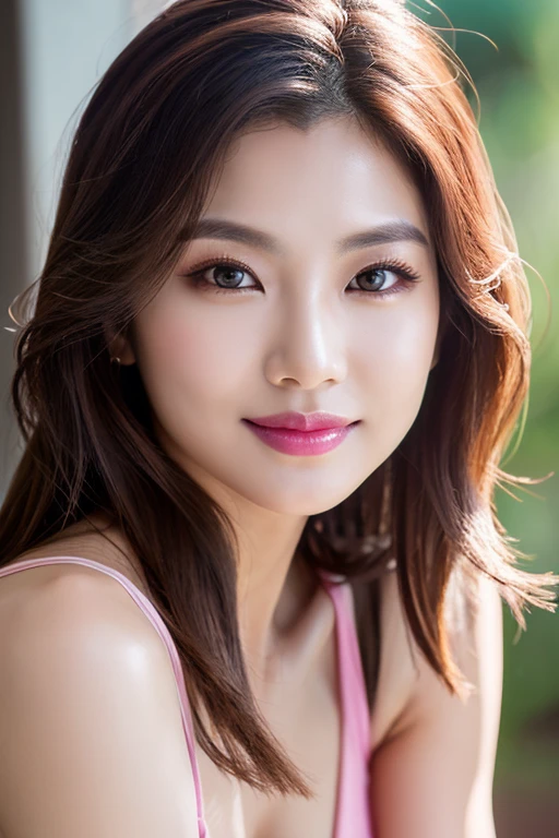 A stunning 21-year-old Asian woman is depicted in a full-body shot, showcasing intricate facial features and detailed chest contours. She stands with legs spread, exuding arousal and sensuality. Her skin is smooth and pink, with a shiny metallic sheen, appearing slightly sweaty and wet. Short auburn hair frames her face, enhancing her black eyes and light makeup, including pink lipstick and prominent cheekbones. With a captivating smile, she gazes directly at the camera, radiating absolute beauty. This 8K photo captures every detail with perfect focus, presenting a realistic, highly detailed portrayal. The seductive and sexy standing pose adds to her allure, making this a beautiful and captivating image.