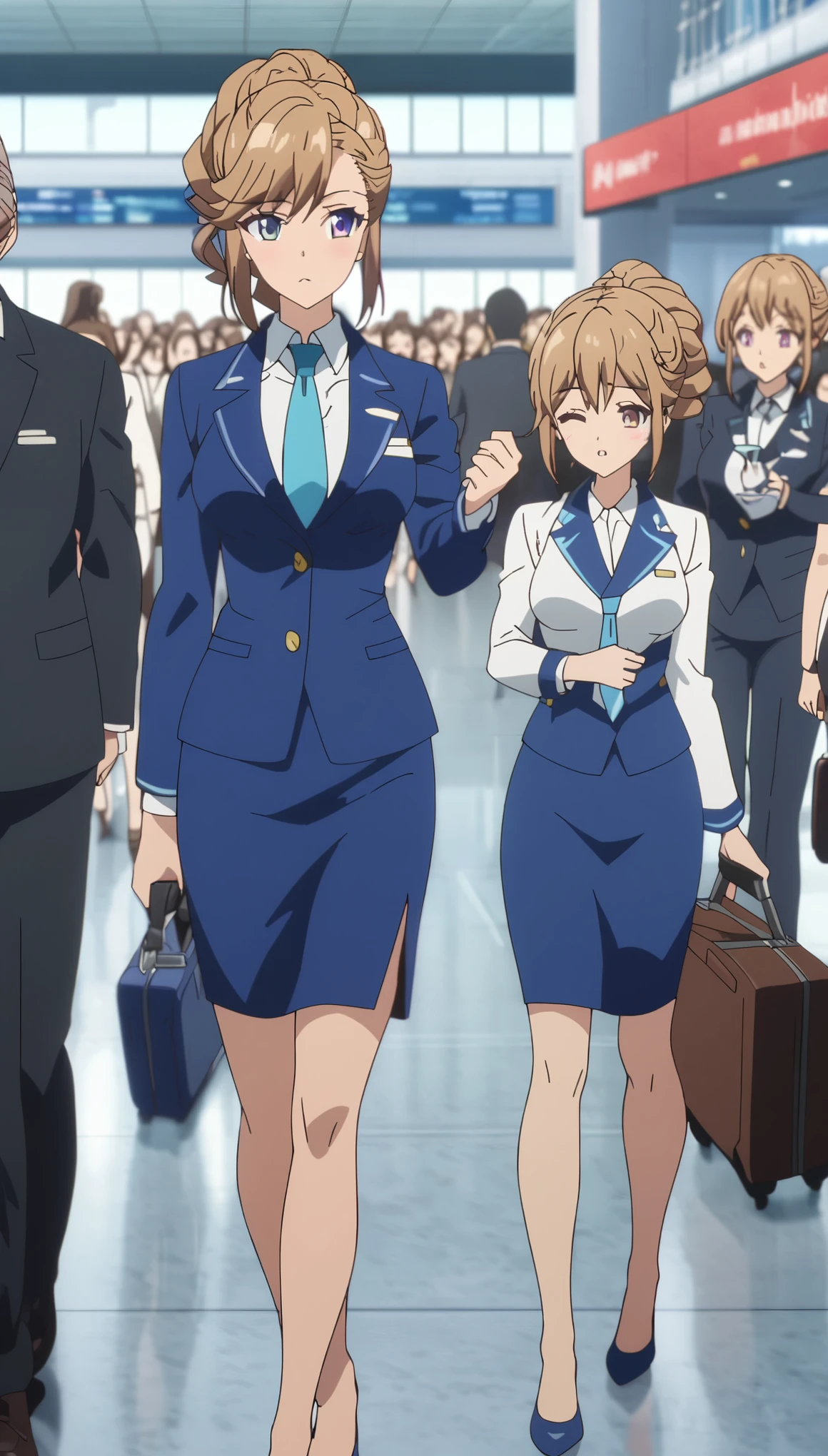{{adult, Caucasian}}, looking at the audience, hazel eyes, Very detailed, medium breasts, brown hair, AIRPORT, Airline stewardess, , blue blazer, blue tie, blue skirt, midi skirt, pencil skirt, blue high heels, happy, best quality, high quality, Very detailed anime screencap, {{{{squeeze, multiple girls, Thousands of sisters, Millions of sisters,Billions of sisters, clone, clone, Matching clothing, Match hairstyle}}}}, whole body