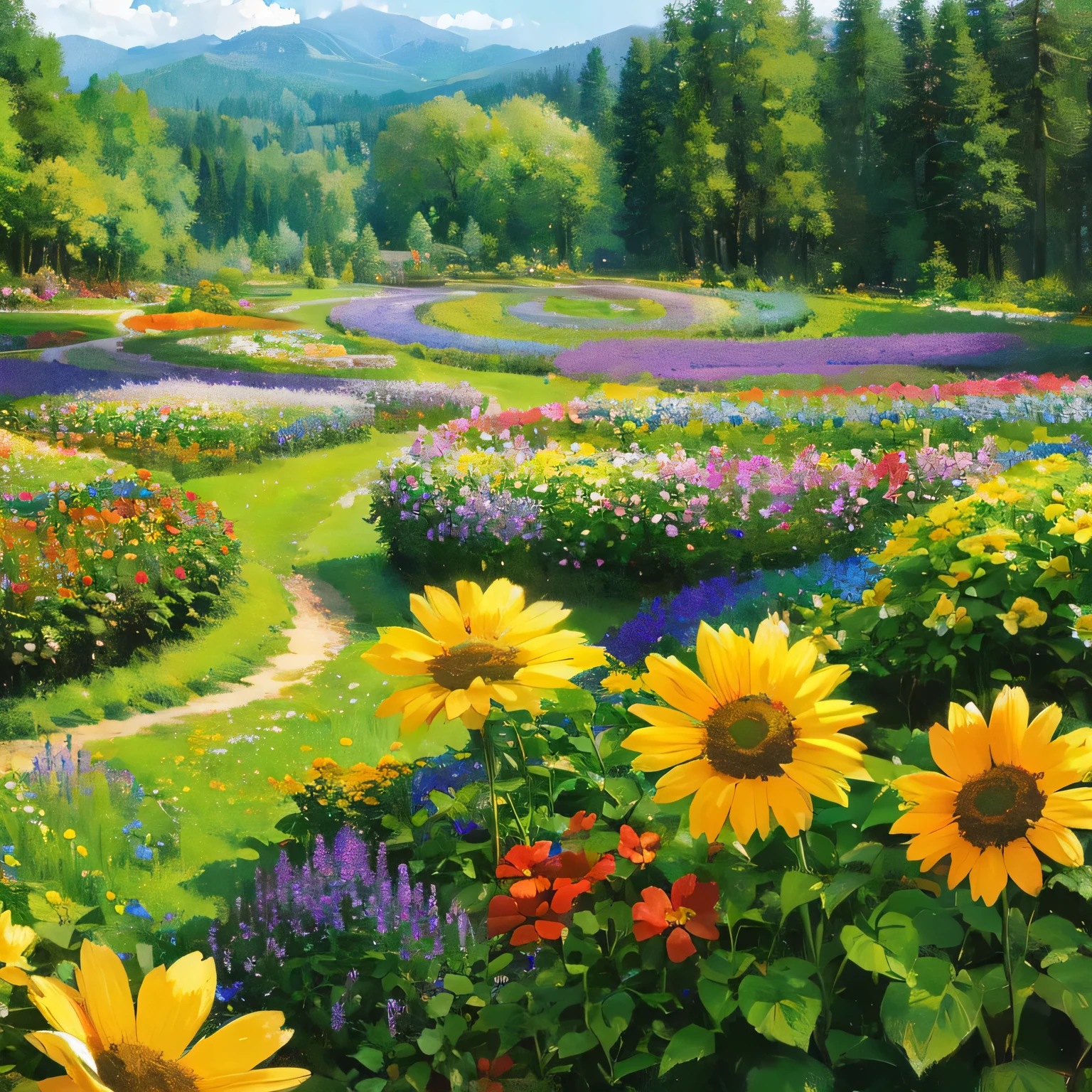 (((highest quality))),landscape,fantasy,((Fantastic)), forest, morning, ((flower garden)), sunny