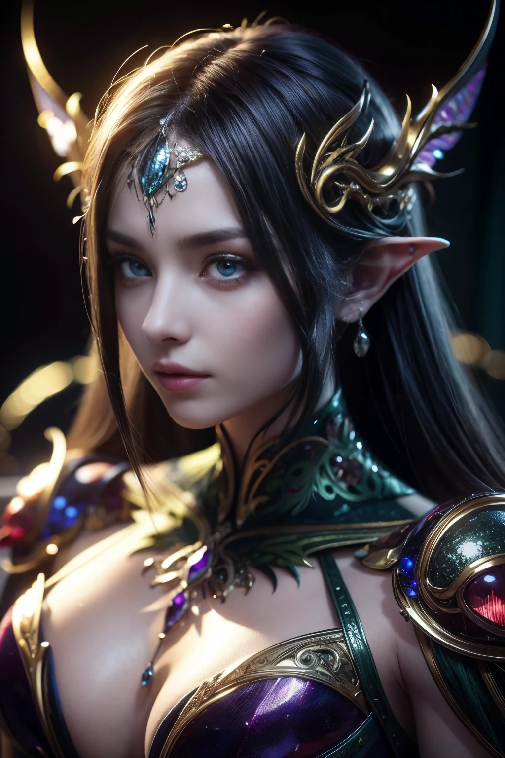 (Best quality, 4k, High-resolution, Masterpiece:1.2), Ultra-detailed, Realistic, Radiant lighting, Epoch Elves, Portraits, Fantastical colors, Fine art, Ethereal beings, Dreamlike, Whimsical creatures, Detailed facial features, Glowing eyes, Elven beauties, Ethereal glow, Mythical creatures, Harmonious composition, Dazzling colors, Stunning visual effects, Otherworldly appearance, Mesmerizing artistry,