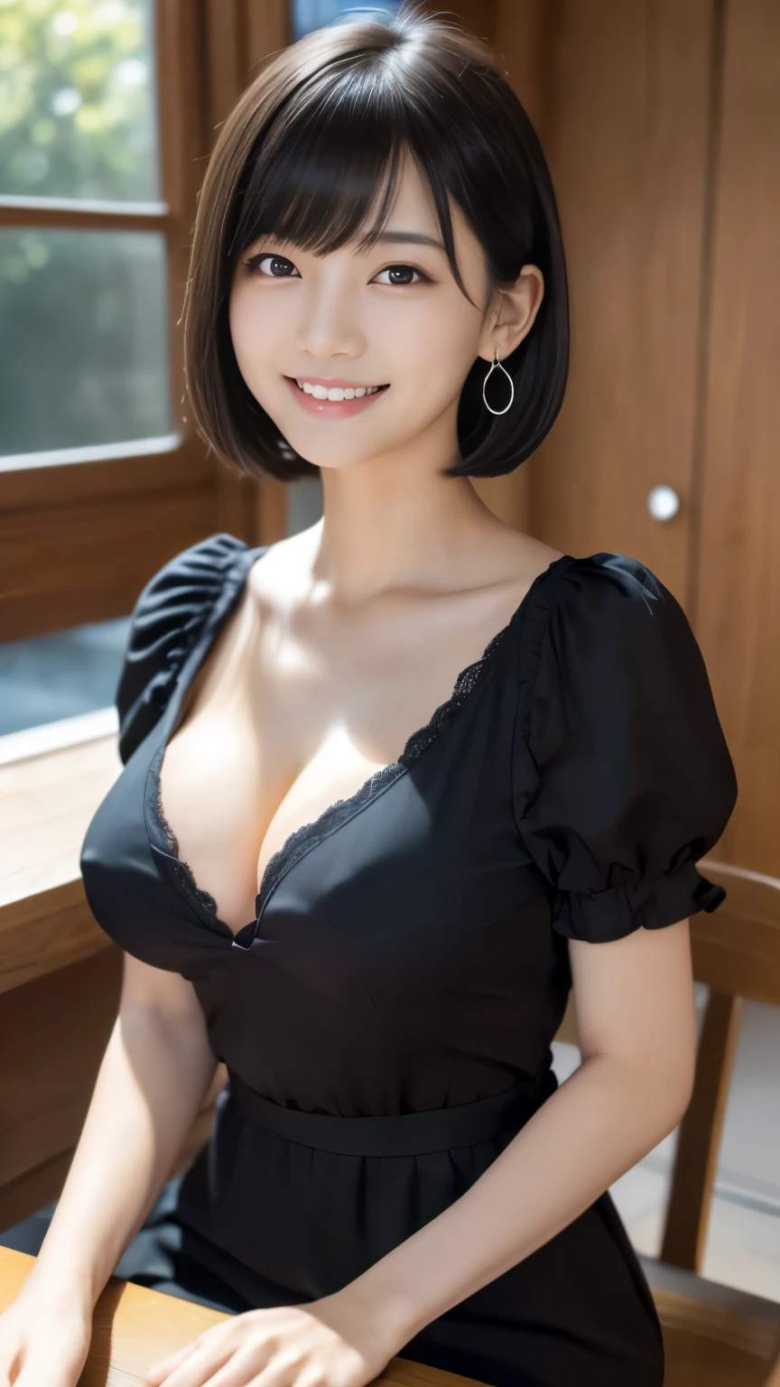 (Masterpiece, Best-quality, RAW-photo, Ultra-High-Resolution, Photorealistic, Very realistic human skin, Perfect and detailed human fingers, Sense of reality, Anatomically correct, NSFW), 
(Thin waist and busty style body, Cleavage, Erection of nipple, hide the nipples, Teat, 17-years-old, Realistic Japanese girl, short height, turn the body forward, Angle from below), upper body, 
(maiko, Round face, Black hair, Black eyes, Moist and Mellow eyes, Short bob cut, Bangs, Down-slating eyebrows, one little earring), 
(friendly smile, outgoing smile, See photographer, look at viewer:1.2), 
Natural lighting, White puff sleeve dress, 
(sit across the table, just the two of us)