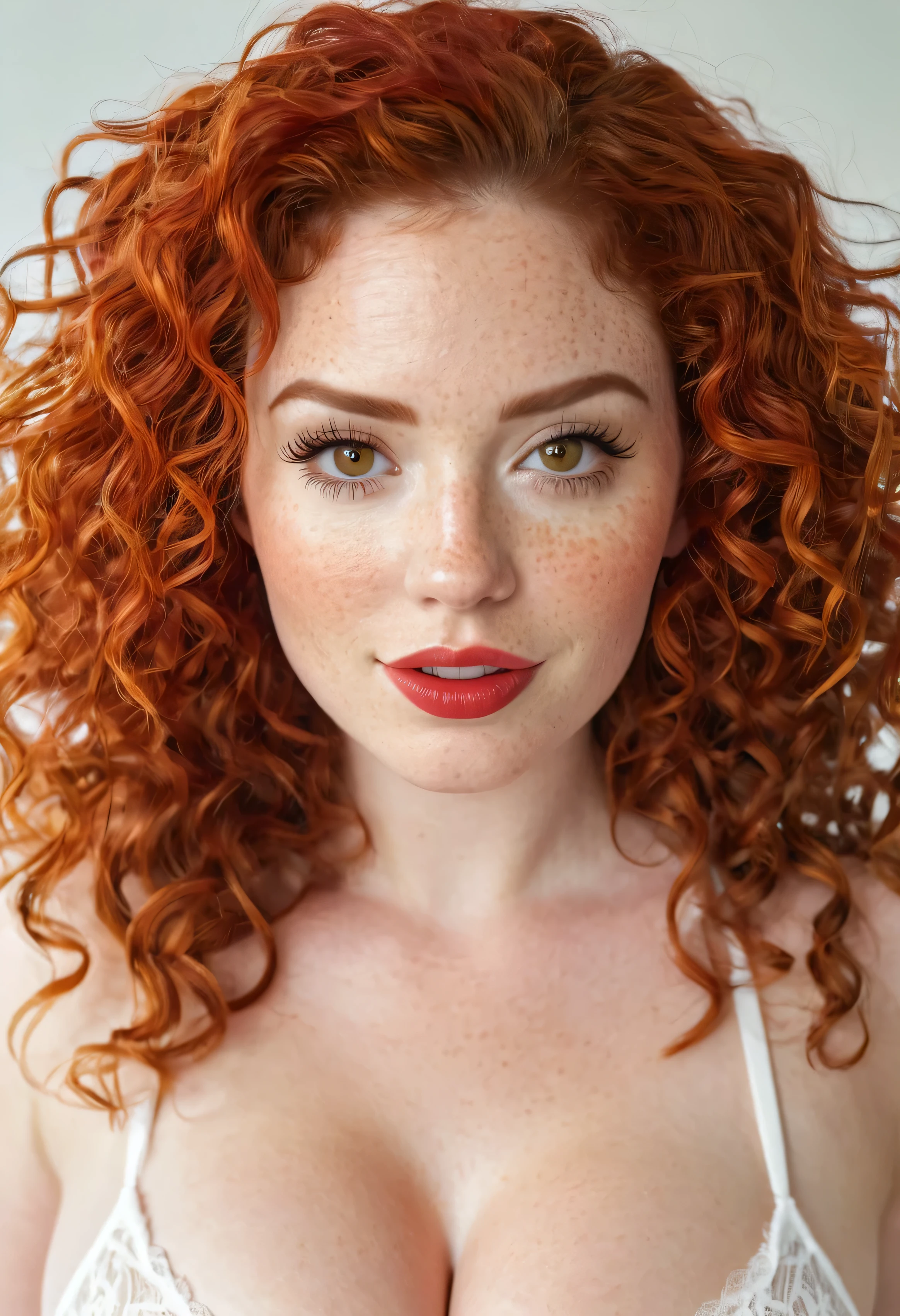 Create an image of a 27-year-old woman with honey eyes, curly red hair, white skin, long shapely legs, wide hips, big breasts, red eyebrows, thin red eyelashes, long perfect lips, fine freckles all over her body, eyes on her cheeks.