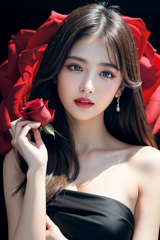 (highest quality、8K、best image quality、Award-winning work)、(one young girl, :1.3)、(red eyeshadow:1.2)、perfect makeup、long eyelashes、Super high-definition sparkling eyes、ultra high definition hair、ultra high resolution glossy lips、Super high resolution perfect teeth、Super high resolution cute face、brown hair、(very long straight hair:1.1)、look at me and smile、[clavicle]、accurate anatomy、(black background:1.5)、(((professional lighting:1.5)))、Super high-resolution glossy and moisturized face、Super high resolution glowing skin、most detailed face、Ultra high resolution detailed faces、ultra high resolution hair、Super high resolution sparkling eyes、Beautiful face drawn in every detail、Super high resolution glossy red lips、(((holding a red rose 1.5)))、(((full nude 1.5)))、(((Chest-up photo 1.4)))、hair blowing in the wind、elegant dress、