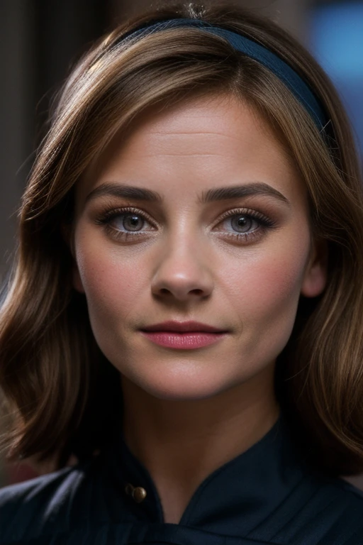Jenna Coleman, Emma Rigby, Emilie de Ravin, young woman in blue s3stngunf uniform,real, masterpiece, best quality, (detail skin texture, ultra-detailed body), 1girl, solo,blonde hair, hairband, realistic, long hair, lips, upper body, expressionless, brown eyes, smile