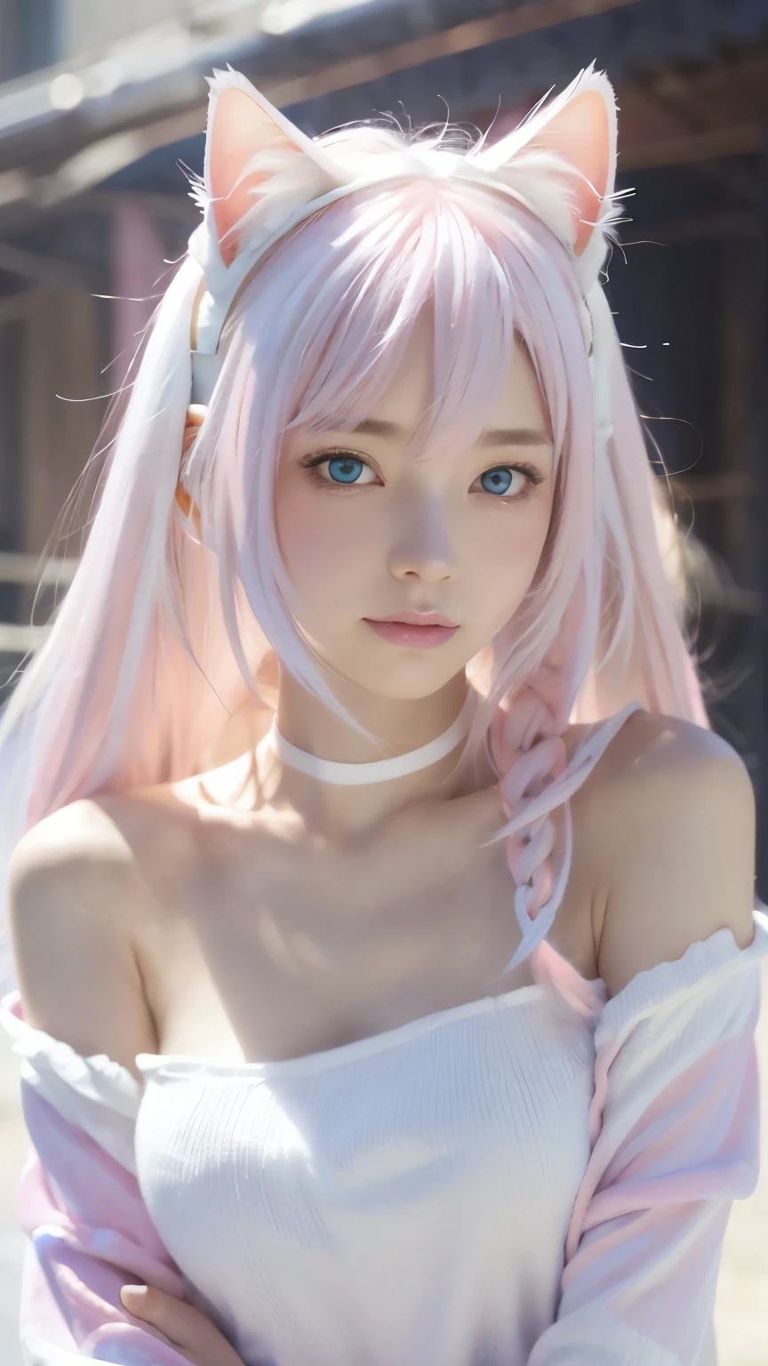 masterpiece, 4K, highest quality, bokeh, (enlightenment:1.4) ,1 perfect portrait of a girl, Colorful hair, (Pink+white soft hair:1.6), blue eyes,(Cat ears:1.3),Long and slim body type, Fantasy pink background, exposed bare shoulders, long-term alienation_sleeve, lean forward a little, shy, head tilt ,movie lighting,oversized clothes, (seductive pose:1.3),