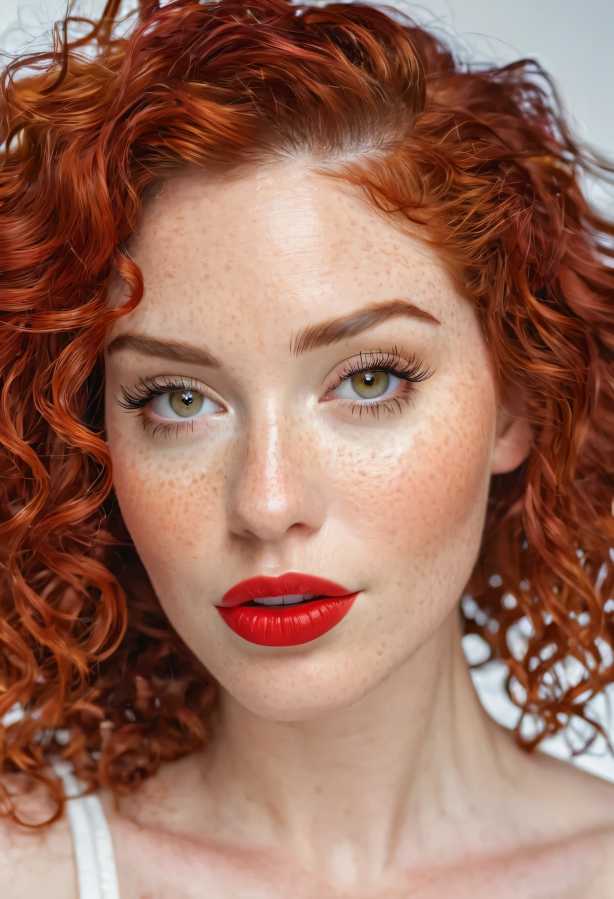 Create an image of a 27-year-old woman with honey eyes, curly red hair, white skin, long shapely legs, wide hips, big breasts, red eyebrows, thin red eyelashes, long perfect lips, fine freckles all over her body, eyes on her cheeks.