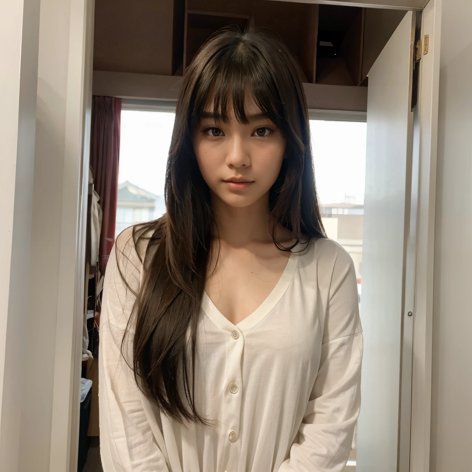 A girl that have an asian beautiful face, have a straight long hair and curtain bangs
