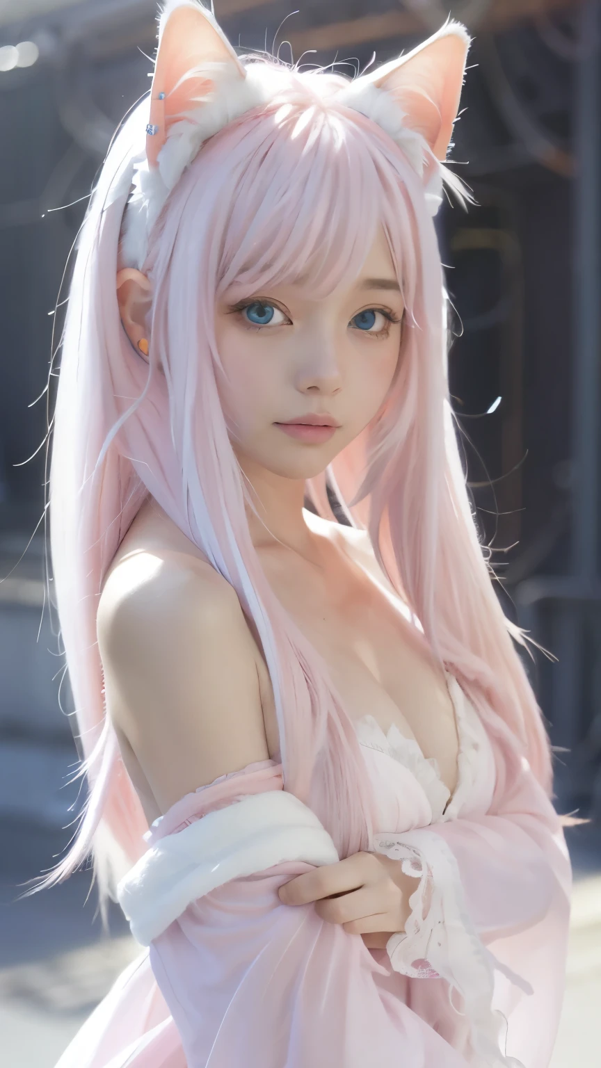 masterpiece, 4K, highest quality, bokeh, enlightenment,1 perfect portrait of a girl, Colorful hair, (Pink+white soft hair:1.6), blue eyes,(Cat ears:1.3),Long and slim body type, Fantasy pink background, exposed bare shoulders, long-term alienation_sleeve, lean forward a little, shy, head tilt ,movie lighting,oversized clothes, (seductive pose:1.3),