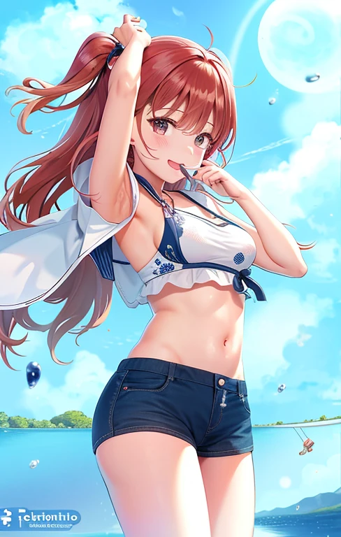 Discount mode, masterpiece, top quality, ultra high definition, highest resolution, highly detailed, professional lighting, clean skin, illustration, one girl, cowboy shot, short stature, slender, very cute, young face, cleavage, lower breast, wet body, (breasts out:1.2), black hair, semi-long hair, hair ribbon, blue eyes, (evil smile: 1.2), (sitting on the ground: 1.1), Open legs, raise legs, (plastic bag 1.1), swimsuit, navel, from below, citizen pool, (wind: 1.2)