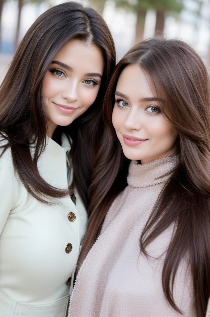Professional photograph, best quality, 8K, hyper detailed, half body, A close up portrait of two gorgeous, beautiful, wonderful women, argentinian and russian females together posing for the camera, both women have super long hair, argentinian girl has dark brown hair and russian girl has light brown hair, the both of them are wearing winter outfits, both girls are wearing leather jackets. Both women are wonderful, dream, ethereal, timeless, majestic beauties from Argentina and Russia, hispanic and slavic dream beauties who comes to the hearts. They're glad, smiling and enjoying a day at park in winter. True friendship, they pose happy for the camera.