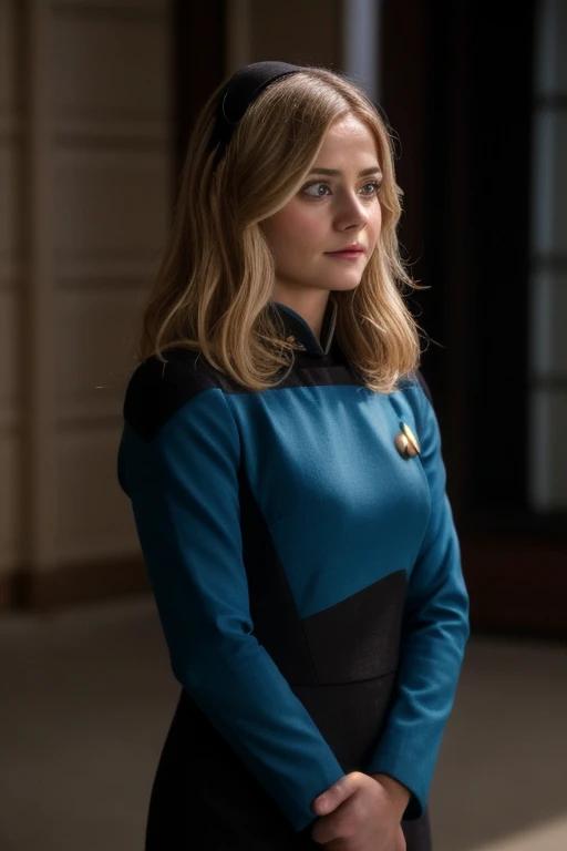 Jenna Coleman, Emma Rigby, Emilie de Ravin, young woman in blue s3stngunf uniform,real, masterpiece, best quality, (detail skin texture, ultra-detailed body), 1girl, solo,blonde hair, hairband, realistic, long hair, lips, upper body, expressionless, brown eyes, smile, Full body,