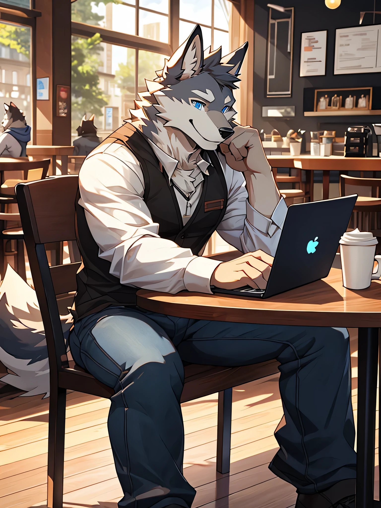 (Maximum Fineness, Dynamic HDR, 4K, FULL HD). Furry, Solo, Adult, Happy, A wolf with white Fur and Grey on its body, Blue eyes, Black eyebrows, Wear random clothes, Wear random pants, One tail, Smiling faces, Relax, Cafe, Coffee, Laptop, Sitting table.