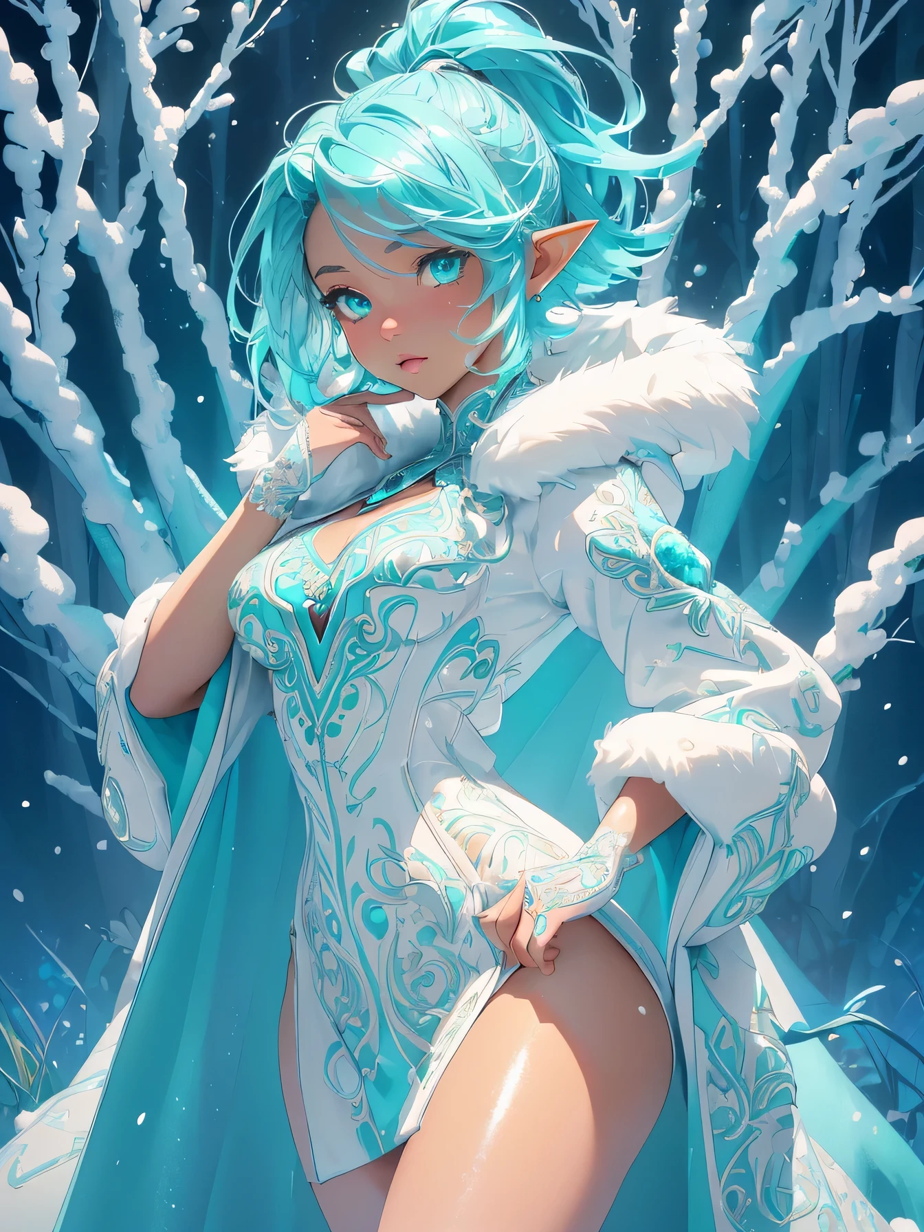 nsfw:1.1, high resolution:1.7, incredibly absurdres, kawaii:1, cute:1.5, hires.fix, anime visual:1, incredibly fine illustration,8k,masterpiece:1.2,best quality, high quality, exquisite, beautiful, insanely detailed, intricate detailed, extremely detailed, Super Definition, ultra high res, Super Resolution, best aesthetic, ultra detailed:1.5, best quality, perfect face, detailed face, masterpiece:1.2, illustration:1.2, 8k cg wallpaper, stunning art,absurdres,octane render,ultra hires,
cute elf,(((little ,tiny little body,little))),((anime elf with extremely cute and beautiful aqua hair)),((lesbian,yuri)),(((flat chest))),((((aqua hair:1.35,undercut aqua hair,short hair,colored inner hair,ear breathing)))),(((aqua_eyes:1.3))),intricate eyes,beautiful detailed eyes,symmetrical eyes,big eyes:1.5,(((dark skin,dark_skin,lustrous skin:1.5,bright skin: 1.5,skin tanned,shiny skin,very shiny skin,shiny body,plastic glitter skin,exaggerated shiny skin,illuminated skin))),(,detailed body,(detailed face)),cute,slutty,erotic,daring,zettai ryouiki,revealing clothing,show skin,(((Sexy aqua fur coat, aqua fur coat outfit, wearing a ice dress:1.3,aqua winter coat))), ((ice dress,elegant ice dress)),(white gloves,white clothes,(((intricate outfit,intricate clothes,embroidered outfit,ornate outfit,embroidered clothes,ornate clothes))),(dynamic pose:1.0),embarrassed,(centered,scale to fit dimensions,Rule of thirds),((snowy pine forest)),winter,scenery:1.25,((intricate scenery)),((snow forest background)),(Glossy winter ornaments),highres,sharp focus,(ultra detailed,extremely detailed),(photorealistic artwork:1.37),(extremely detailed CG unity 8k wallpaper),(((vibrant colors,vibrant theme))),(intricate),