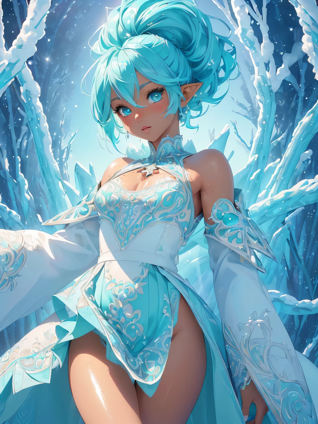 nsfw:1.1, high resolution:1.7, incredibly absurdres, kawaii:1, cute:1.5, hires.fix, anime visual:1, incredibly fine illustration,8k,masterpiece:1.2,best quality, high quality, exquisite, beautiful, insanely detailed, intricate detailed, extremely detailed, Super Definition, ultra high res, Super Resolution, best aesthetic, ultra detailed:1.5, best quality, perfect face, detailed face, masterpiece:1.2, illustration:1.2, 8k cg wallpaper, stunning art,absurdres,octane render,ultra hires,
cute elf,(((little ,tiny little body,little))),((anime elf with extremely cute and beautiful aqua hair)),((lesbian,yuri)),(((flat chest))),((((aqua hair:1.35,undercut aqua hair,short hair,colored inner hair,ear breathing)))),(((aqua_eyes:1.3))),intricate eyes,beautiful detailed eyes,symmetrical eyes,big eyes:1.5,(((dark skin,dark_skin,lustrous skin:1.5,bright skin: 1.5,skin tanned,shiny skin,very shiny skin,shiny body,plastic glitter skin,exaggerated shiny skin,illuminated skin))),(,detailed body,(detailed face)),cute,slutty,erotic,daring,zettai ryouiki,revealing clothing,show skin,(((Sexy aqua fur coat, aqua fur coat outfit, wearing a ice dress:1.3,aqua winter coat))), ((ice dress,elegant ice dress)),(white gloves,white clothes,(((intricate outfit,intricate clothes,embroidered outfit,ornate outfit,embroidered clothes,ornate clothes))),(dynamic pose:1.0),embarrassed,(centered,scale to fit dimensions,Rule of thirds),((snowy pine forest)),winter,scenery:1.25,((intricate scenery)),((snow forest background)),(Glossy winter ornaments),highres,sharp focus,(ultra detailed,extremely detailed),(photorealistic artwork:1.37),(extremely detailed CG unity 8k wallpaper),(((vibrant colors,vibrant theme))),(intricate),