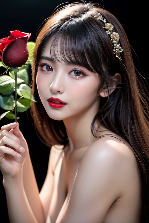 (highest quality、8K、best image quality、Award-winning work)、(one young girl, 14 years old:1.3)、(red eyeshadow:1.2)、perfect makeup、long eyelashes、Super high-definition sparkling eyes、ultra high definition hair、ultra high resolution glossy lips、Super high resolution perfect teeth、Super high resolution cute face、brown hair、(very long straight hair:1.1)、look at me and smile、[clavicle]、accurate anatomy、(black background:1.5)、(((professional lighting:1.5)))、Super high-resolution glossy and moisturized face、Super high resolution glowing skin、most detailed face、Ultra high resolution detailed faces、ultra high resolution hair、Super high resolution sparkling eyes、Beautiful face drawn in every detail、Super high resolution glossy red lips、(((holding a red rose 1.5)))、(((full nude 1.5)))、(((Chest-up photo 1.4)))、hair blowing in the wind、elegant dress、