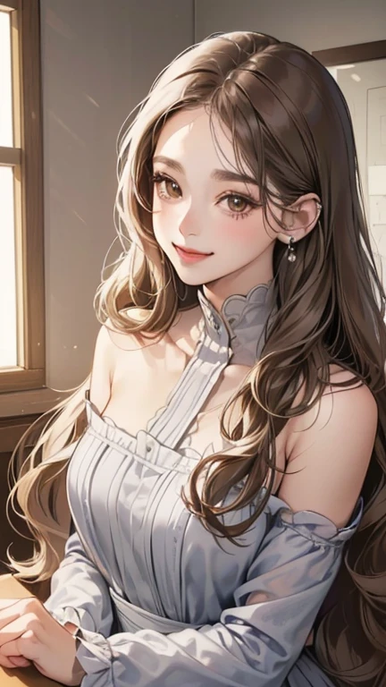 (table top, digital illustration, 4k, 8k, Super detailed, beautiful images, clear image, perfect face, perfect lines, perfect eyes, soft lighting) 1 female, (gray long wavy hair, innocent look, look at viewer, side view,Over-the-shoulder ,Thin Eyebrows ,droopy eyes, Almond-shaped Eyes, brown eyes, With a round face, round chin、innocence, cute, natural makeup, smile gently,27 years old:1.3), full of light,(embarrassing, shy smile:1.2), sleeveless black knit dress, large Piercing