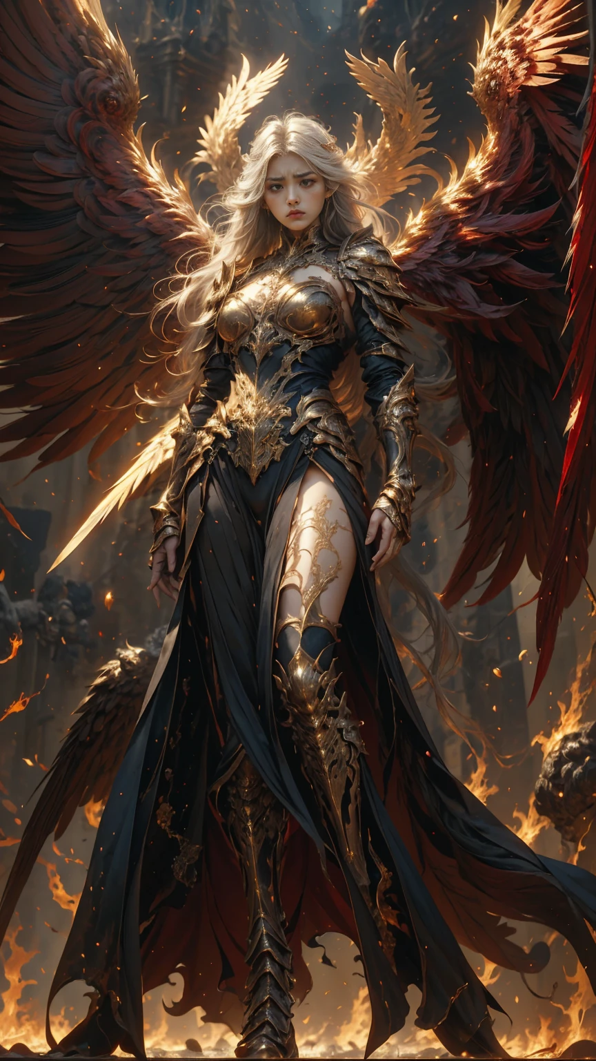 In the heart of the heaven a young arcangel woman with very long white hair, crimson gold warrior arcangel outfit with long neckline, extended arms with power, battle pose, extended wings with red and gold, in a battle field, creates a war atmosphere, legions of arcangels and techno demons on battle, energy and fire on every corner of the field. The angle of the scene is dynamic, capturing the intensity of the moment, fine quality golden eyes, eyes looking at the camera, ultra detailed, Beautiful and aesthetically pleasing, masterpiece, Best quality score, (fractal art: 1.3), Extremely detailed , dynamic angle, raytraced, full body, close up, dust and hard light