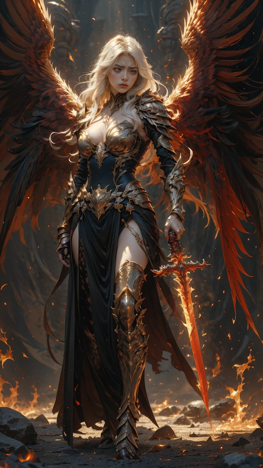 In the heart of the heaven a young arcangel woman with very long white hair, crimson gold warrior arcangel outfit with long neckline, extended arms with power, battle pose, extended wings with red and gold, in a battle field, creates a war atmosphere, legions of arcangels and techno demons on battle, energy and fire on every corner of the field. The angle of the scene is dynamic, capturing the intensity of the moment, fine quality golden eyes, eyes looking at the camera, ultra detailed, Beautiful and aesthetically pleasing, masterpiece, Best quality score, (fractal art: 1.3), Extremely detailed , dynamic angle, raytraced, full body, close up, dust and hard light