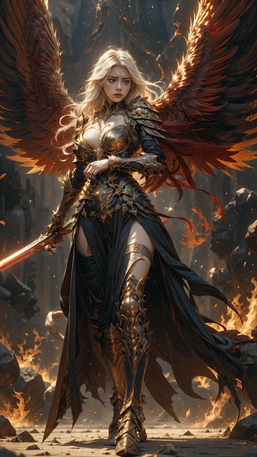 In the heart of the heaven a young arcangel woman with very long white hair, crimson gold warrior arcangel outfit with long neckline, extended arms with power, battle pose, extended wings with red and gold, in a battle field, creates a war atmosphere, legions of arcangels and techno demons on battle, energy and fire on every corner of the field. The angle of the scene is dynamic, capturing the intensity of the moment, fine quality golden eyes, eyes looking at the camera, ultra detailed, Beautiful and aesthetically pleasing, masterpiece, Best quality score, (fractal art: 1.3), Extremely detailed , dynamic angle, raytraced, full body, close up, dust and hard light