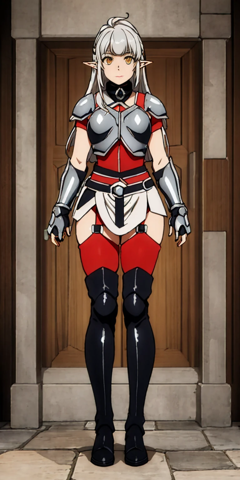 Masterpiece, (flat black background:1.2) solo, detailed face, intricate iris, thick lips, robot girl, (gold and white skin), realistic illustration of a (cyborg girl),(RED eyes),IvoryGoldAI,(freckles),(holding BREATHTAKING:1.2), (gold and white armor:1.2), (looking at viewer:1.2),parted lips, standing straight symmetrical, looking at viewer, lustful smirking smile face red blushed red cheeks, thick thighs, thighhighs, thigh, boots, armor, armored boots, full body armor, bikini armor, big breastplate, pauldron, bracers, leather black choker, tiger claws gloves, short bob white haircut, helmeted, metal shoulders, red long loincloth, longest blue cape reach to the waist, shackles and chains wristbands