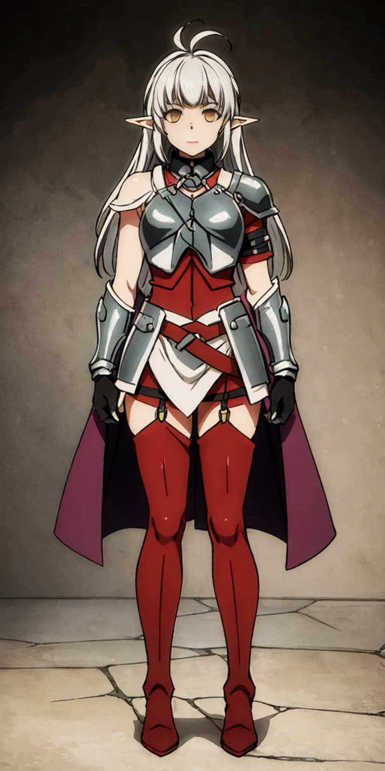 masterpiece, best quality, high quality, 1solo white SKIN elf, long hair, white hair, yellow eyes, full body, breastplate, looking at viewer, shiny, armor, thigh highs, high boots, shoulder armor, faulds, poleyn, gloves, gauntlets