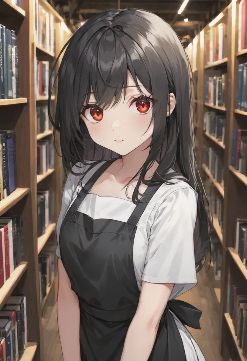 #woman#long hair#library clerk#Background Library#Cool appearance#black hair#red eye#Take books from the bookshelf#大人のwoman#white clothes#black apron#beautiful face#8K#high resolution