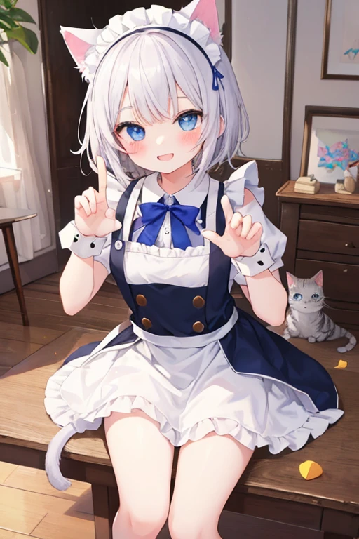 beautiful illustrations, highest quality, pretty girl,beautiful girl、clear face、 half girl、pastel colour 、smile、blush、にこやかなsmile、thighs、perfect hands、five fingers、Cat ear、white hair、blue eyeaid服、maid