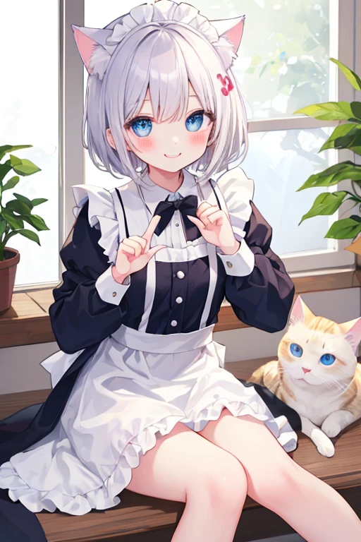 beautiful illustrations, highest quality, pretty girl,beautiful girl、clear face、 half girl、pastel colour 、smile、blush、にこやかなsmile、thighs、perfect hands、five fingers、Cat ear、white hair、blue eyeaid服、maid